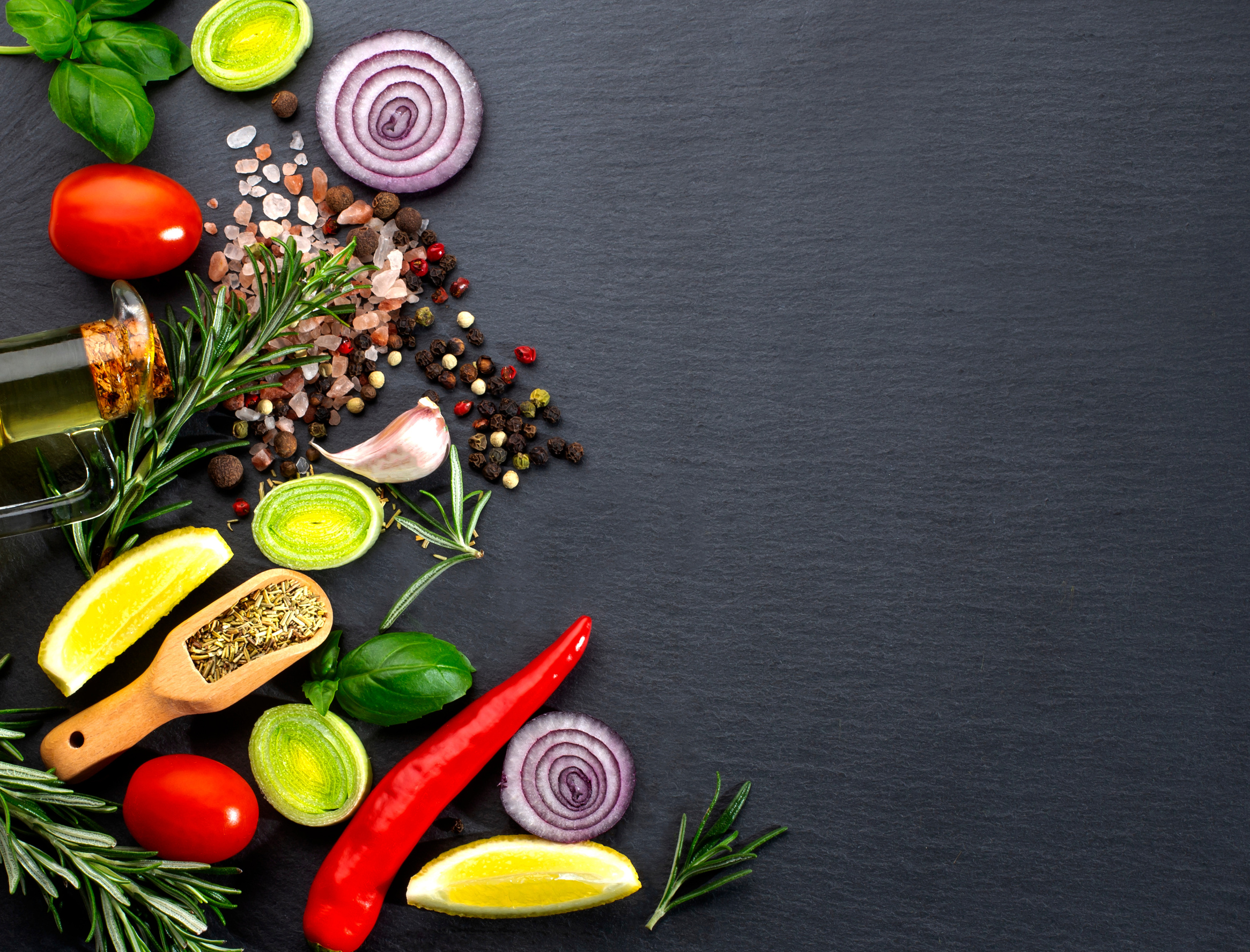 Background of cooking and ingredients. Black background Top view.